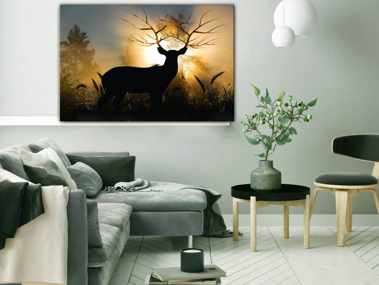Canvas Art Print King of the Forest in the Sun (1-piece) Wide - horned animal against trees 143665 additionalImage 3