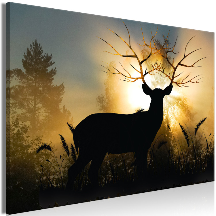 Canvas Art Print King of the Forest in the Sun (1-piece) Wide - horned animal against trees 143665 additionalImage 2
