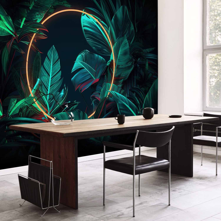 Photo Wallpaper Jungle Light - Tropical Leaves With Neon Golden Circle 150665 additionalImage 7