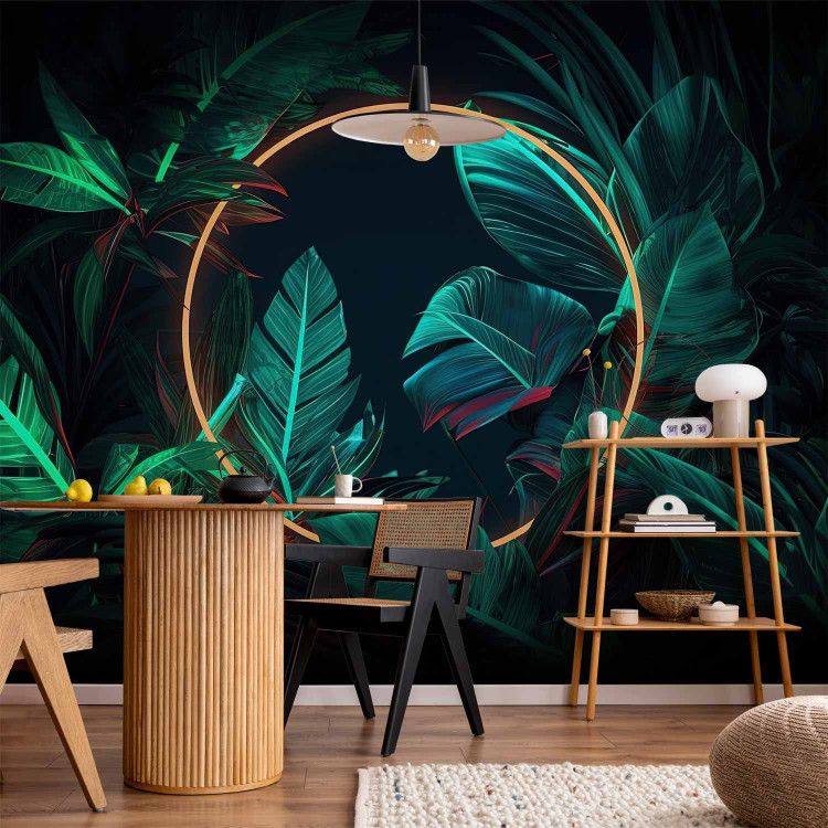 Photo Wallpaper Jungle Light - Tropical Leaves With Neon Golden Circle 150665 additionalImage 6