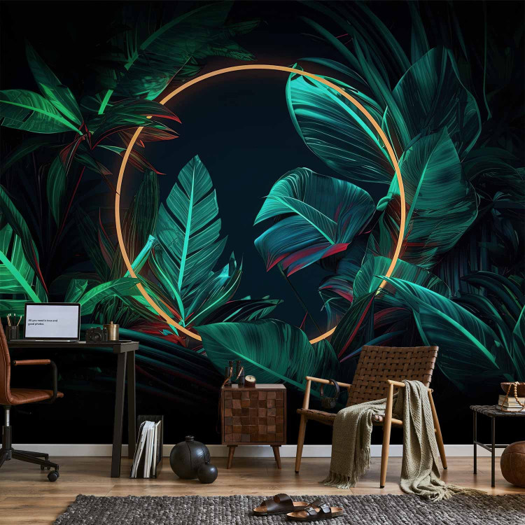 Photo Wallpaper Jungle Light - Tropical Leaves With Neon Golden Circle 150665 additionalImage 4