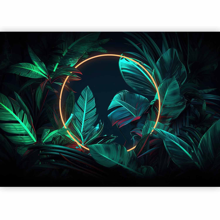 Photo Wallpaper Jungle Light - Tropical Leaves With Neon Golden Circle 150665 additionalImage 1
