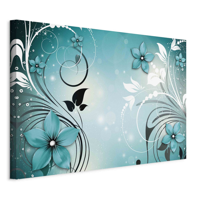Large canvas print Turquoise Dream - Flowers and Leaves on a Blue Background Full of Sparkle [Large Format] 151265 additionalImage 3
