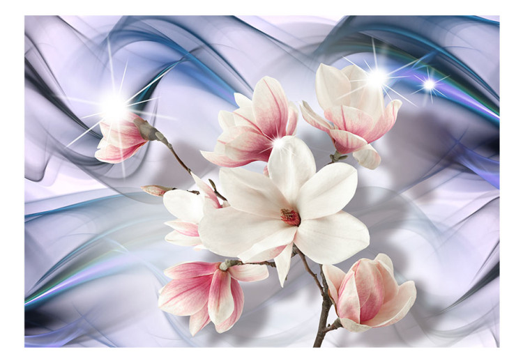 Photo Wallpaper Magnolias on a branch - white flowers on a background of blue wavy patterns 62465 additionalImage 1
