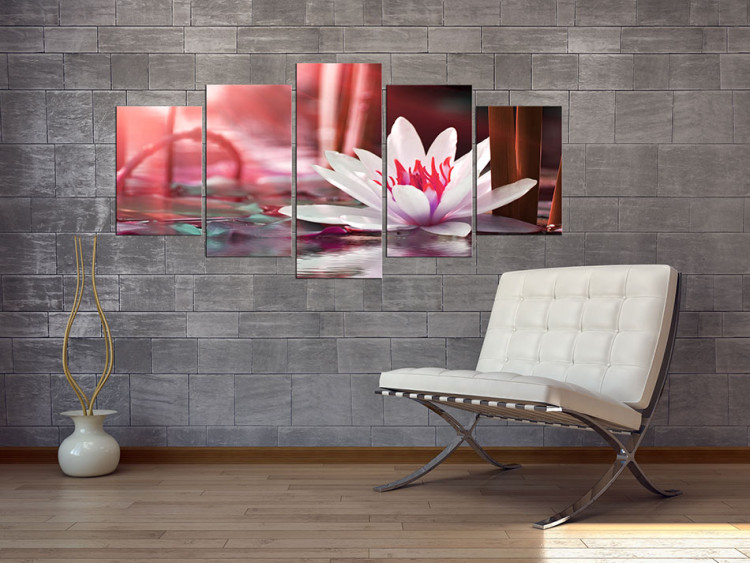 Canvas Art Print Amaranth Lotus (5-piece) - Pink Flower on a Surface of Red Water 93065 additionalImage 3