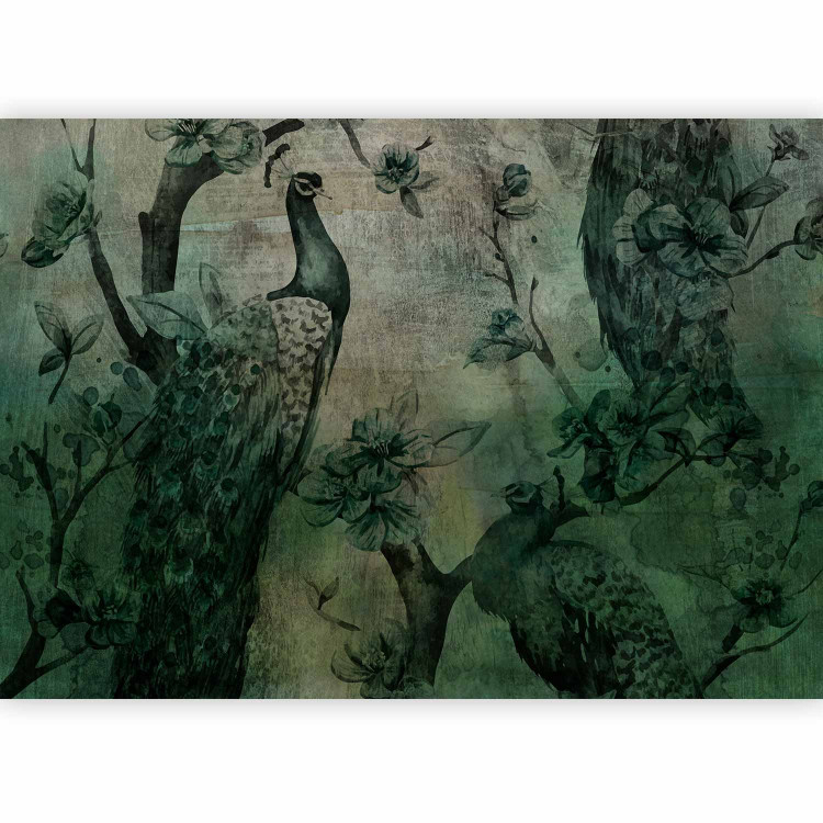 Photo Wallpaper Beautiful birds on a tree with flowers - dark green engraving with peacocks 142075 additionalImage 1