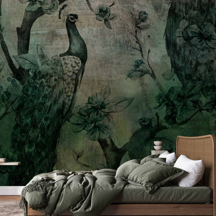 Photo Wallpaper Beautiful birds on a tree with flowers - dark green engraving with peacocks 142075 additionalImage 2