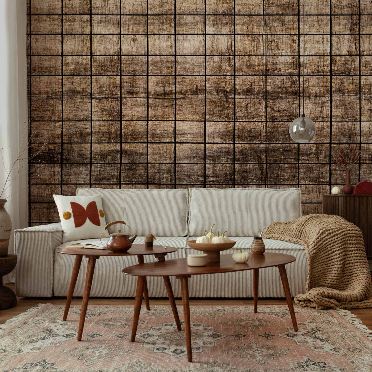 Photo Wallpaper Wooden tiles - brown background with small rectangular mosaic boards 144975