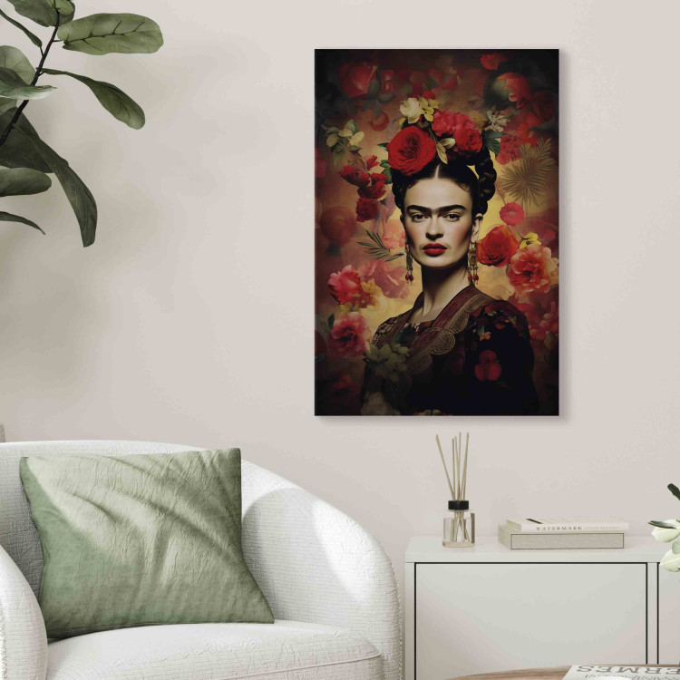 Canvas Frida Kahlo - Portrait With Roses and Leaves on a Dark Brown Background 152275 additionalImage 5