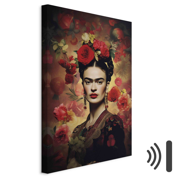 Canvas Frida Kahlo - Portrait With Roses and Leaves on a Dark Brown Background 152275 additionalImage 8
