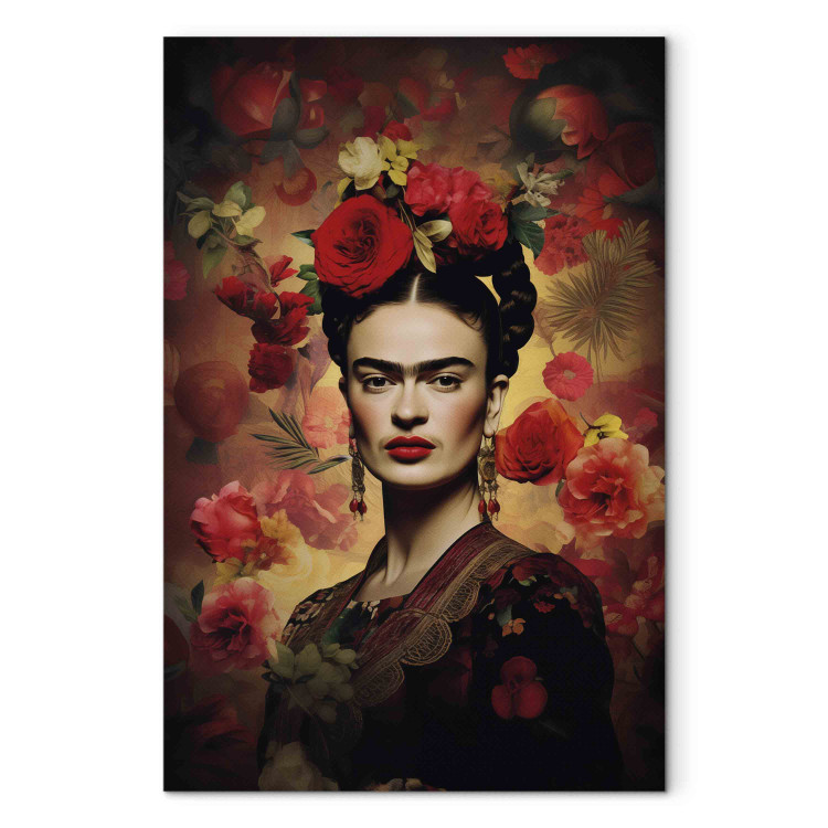 Canvas Frida Kahlo - Portrait With Roses and Leaves on a Dark Brown Background 152275