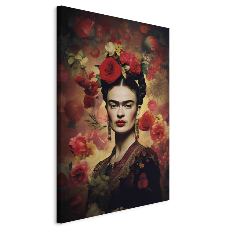 Canvas Frida Kahlo - Portrait With Roses and Leaves on a Dark Brown Background 152275 additionalImage 2