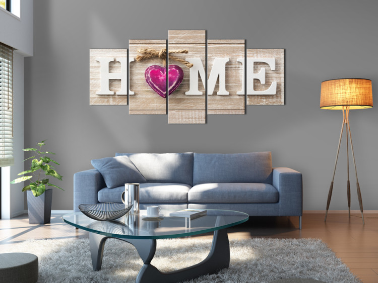 Canvas Print Heart in Home (5-part) - Text on Wooden Background in Retro Style 94875 additionalImage 3