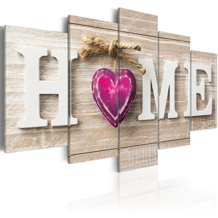 Canvas Print Heart in Home (5-part) - Text on Wooden Background in Retro Style 94875 additionalImage 2
