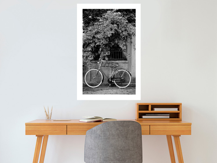 Wall Poster Bicycle and Flowers - black and white urban landscape with a bike on the street 117785 additionalImage 2