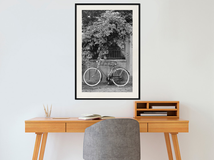 Wall Poster Bicycle and Flowers - black and white urban landscape with a bike on the street 117785 additionalImage 22