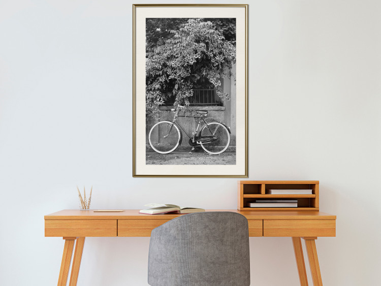 Wall Poster Bicycle and Flowers - black and white urban landscape with a bike on the street 117785 additionalImage 21