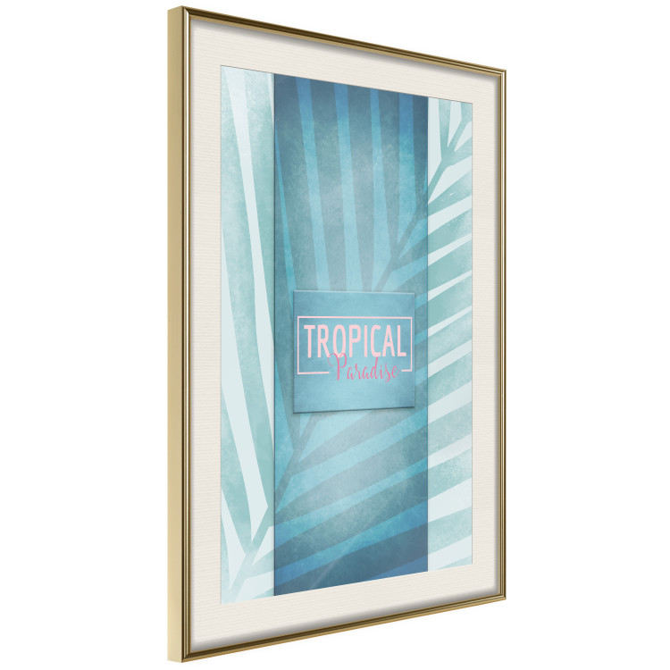 Wall Poster Tropical Paradise - English inscriptions on background of blue leaf 123985 additionalImage 2
