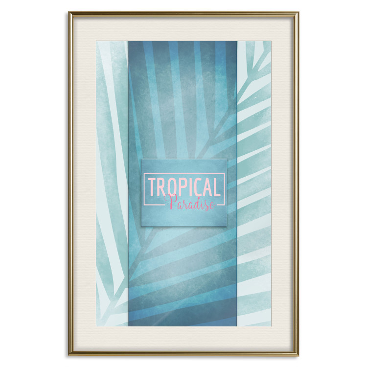 Wall Poster Tropical Paradise - English inscriptions on background of blue leaf 123985 additionalImage 19