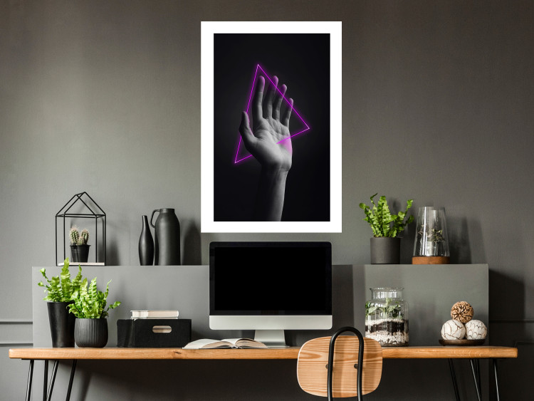 Wall Poster Hand and Triangle - black and white hand with a fancy neon triangle 125085 additionalImage 2
