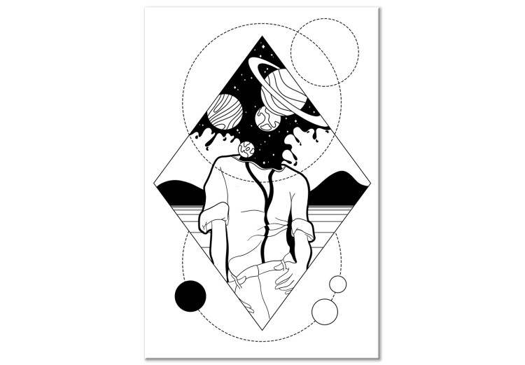 Canvas Art Print Abstract cosmos - black and white human figure with planets 128485