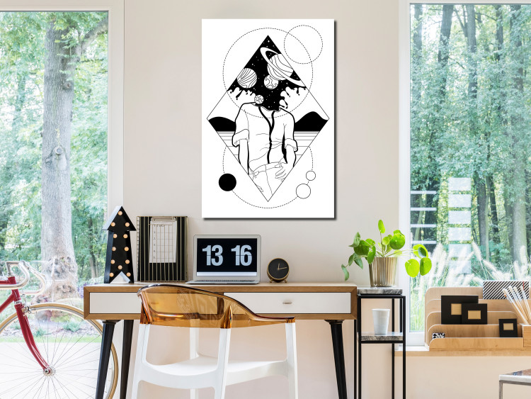 Canvas Art Print Abstract cosmos - black and white human figure with planets 128485 additionalImage 3
