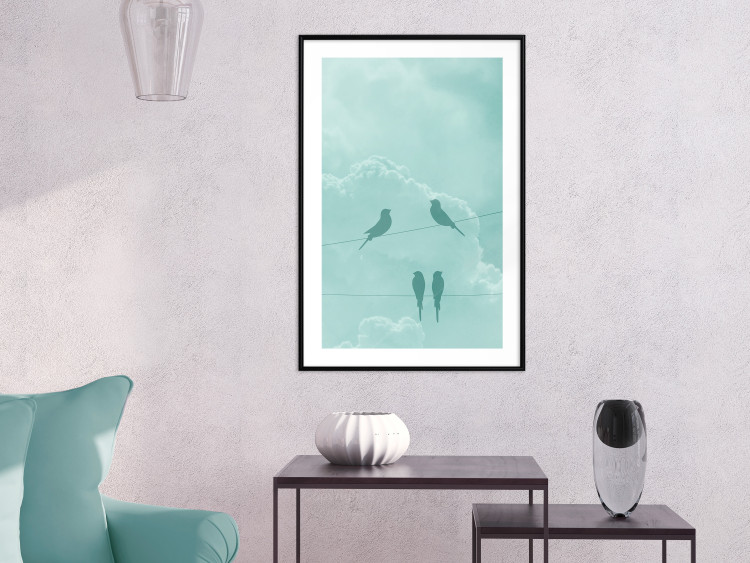 Poster Seagreen Sky - abstract birds against light sky and clouds 129585 additionalImage 18