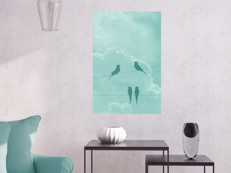 Poster Seagreen Sky - abstract birds against light sky and clouds 129585 additionalImage 2