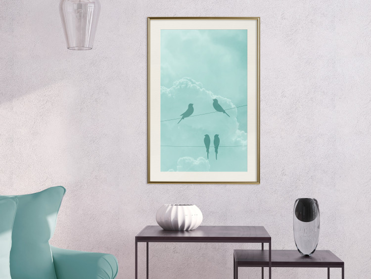 Poster Seagreen Sky - abstract birds against light sky and clouds 129585 additionalImage 22