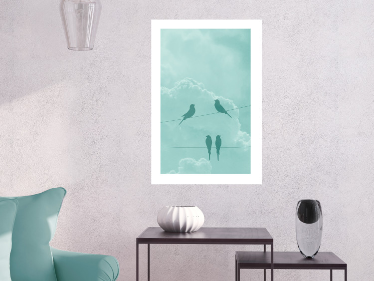 Poster Seagreen Sky - abstract birds against light sky and clouds 129585 additionalImage 3