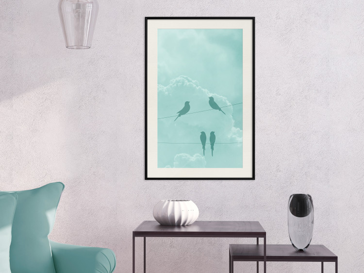 Poster Seagreen Sky - abstract birds against light sky and clouds 129585 additionalImage 24