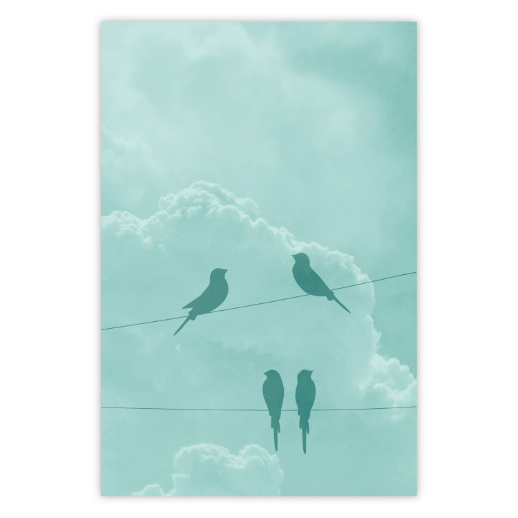 Poster Seagreen Sky - abstract birds against light sky and clouds 129585