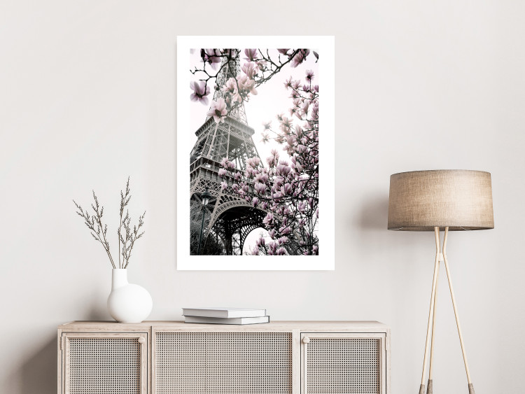 Wall Poster Magnolias in the Sun of Paris - pink flowers against the gray backdrop of the Eiffel Tower 132285 additionalImage 3
