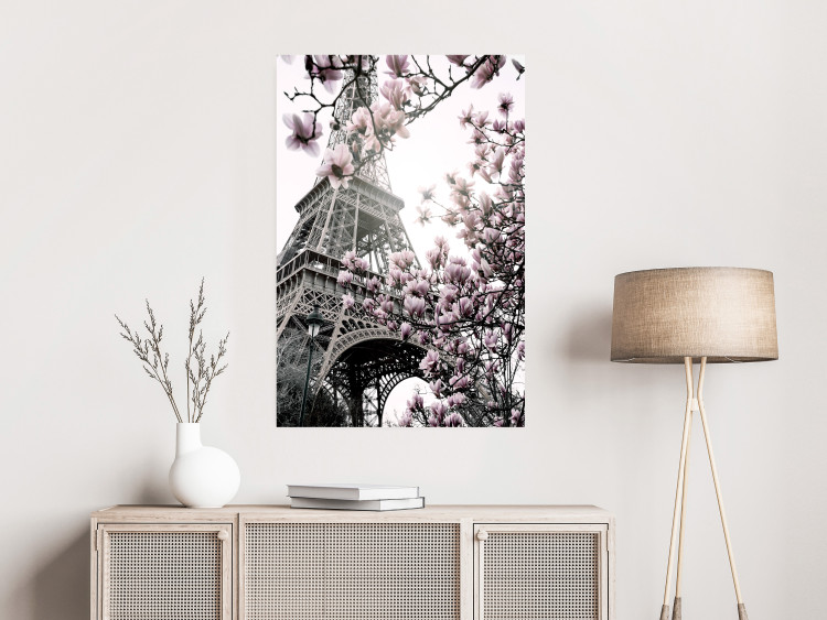 Wall Poster Magnolias in the Sun of Paris - pink flowers against the gray backdrop of the Eiffel Tower 132285 additionalImage 2