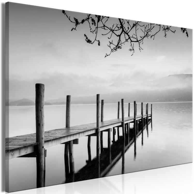 Canvas Misty Pier (1-piece) Wide - black and white lake landscape 137185 additionalImage 2