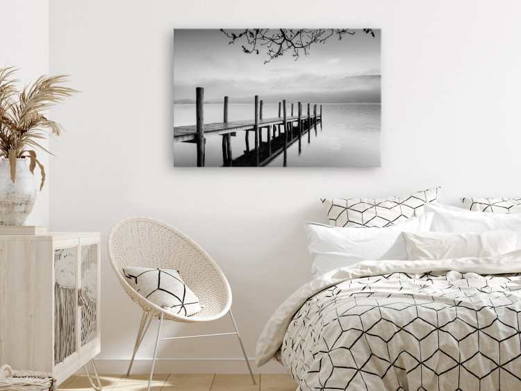 Canvas Misty Pier (1-piece) Wide - black and white lake landscape 137185 additionalImage 3