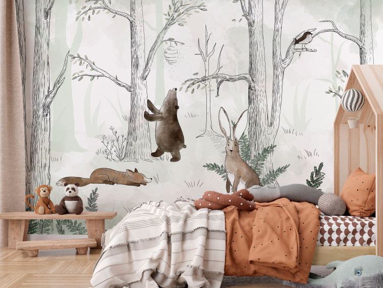 Wall Mural Drawn Forest - Watercolor Forest Animals on a Green Background 146485