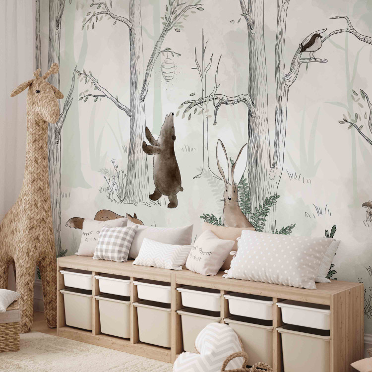 Wall Mural Drawn Forest - Watercolor Forest Animals on a Green Background 146485 additionalImage 6