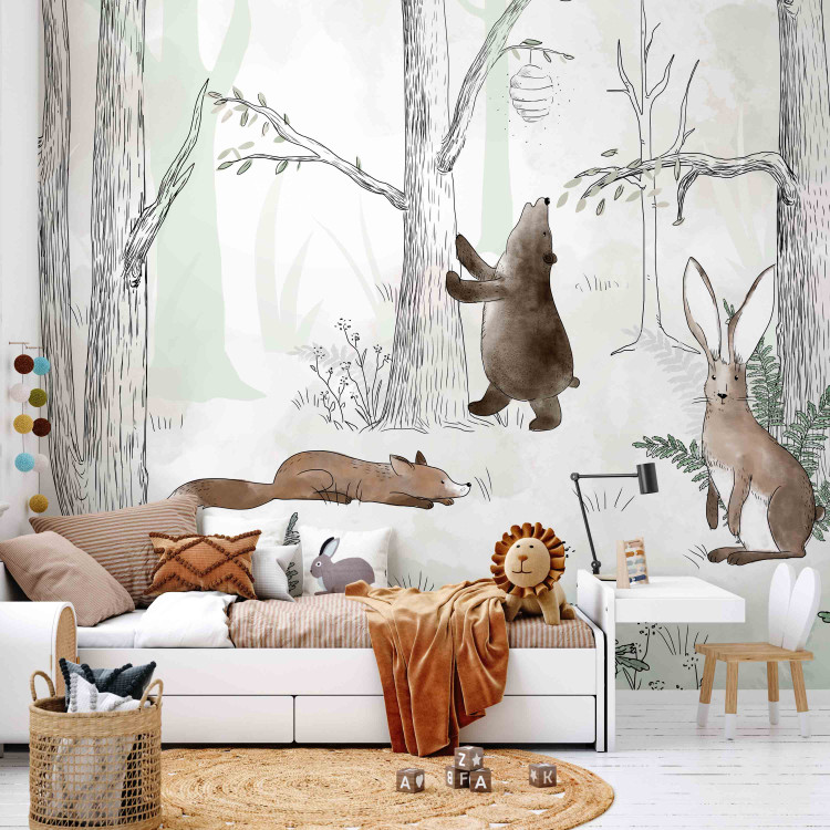 Wall Mural Drawn Forest - Watercolor Forest Animals on a Green Background 146485 additionalImage 4