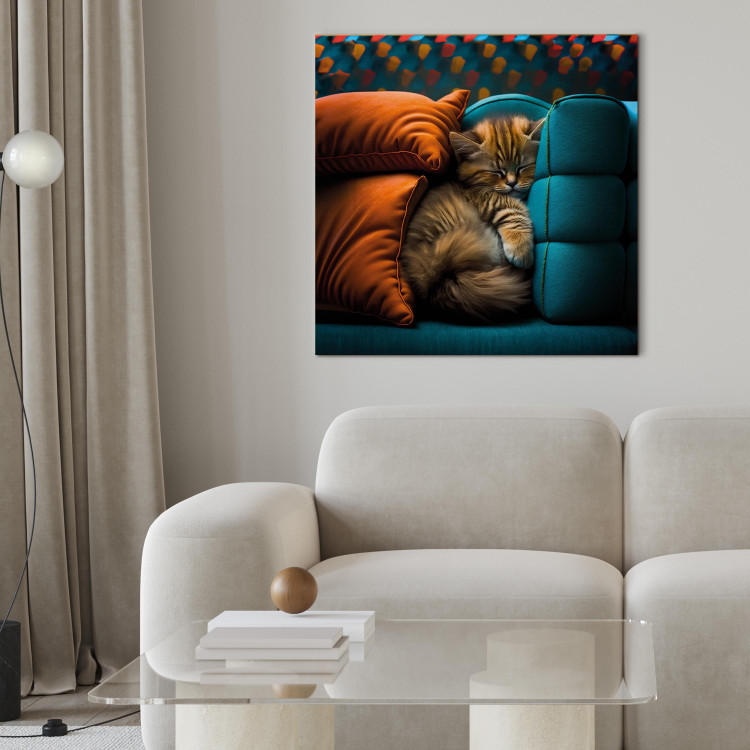 Canvas AI Cat - Cute Animal Sleeping Between Comfortable Pillows - Square 150185 additionalImage 5
