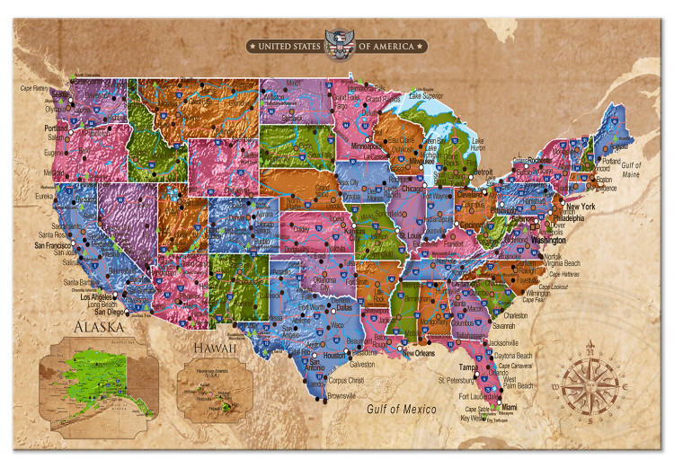 Canvas Multicoloured map of North America - English inscriptions 127895