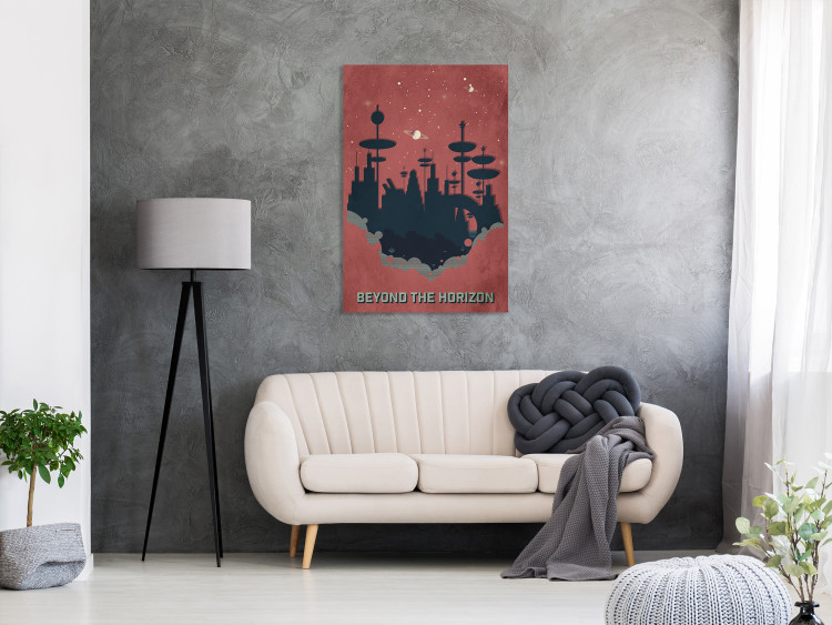 Canvas Print Outside the horizon - black buildings in space with an inscription in English on a dark orange background, perfect for a child's room 129095 additionalImage 3