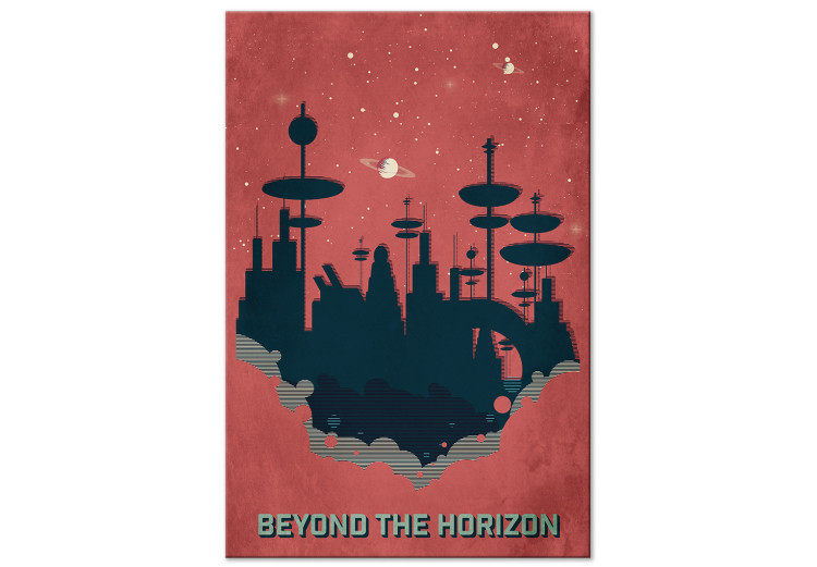 Canvas Print Outside the horizon - black buildings in space with an inscription in English on a dark orange background, perfect for a child's room 129095
