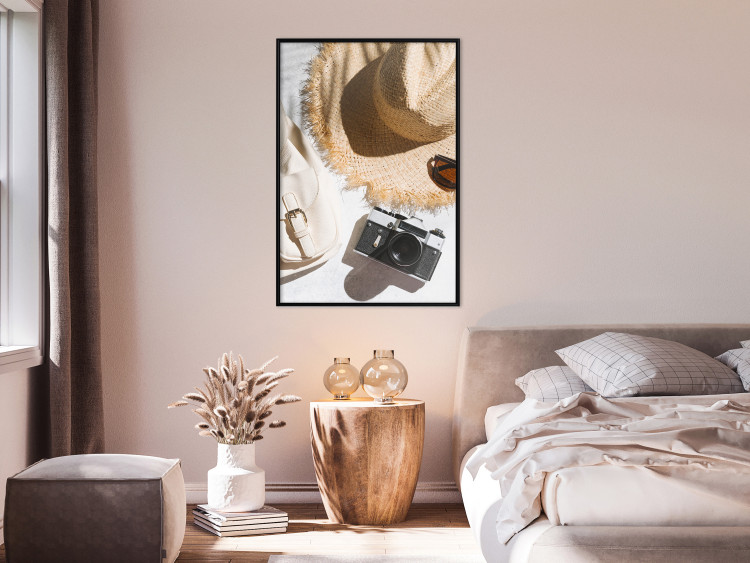 Wall Poster Vacation Vibes - summer table composition with a hat and camera 135595 additionalImage 15