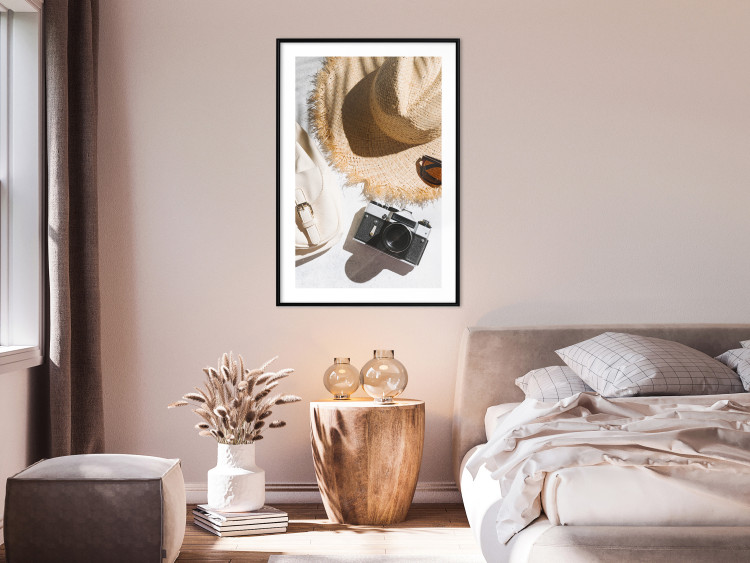 Wall Poster Vacation Vibes - summer table composition with a hat and camera 135595 additionalImage 20