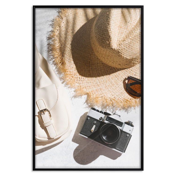 Wall Poster Vacation Vibes - summer table composition with a hat and camera 135595 additionalImage 12