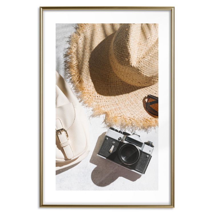 Wall Poster Vacation Vibes - summer table composition with a hat and camera 135595 additionalImage 13