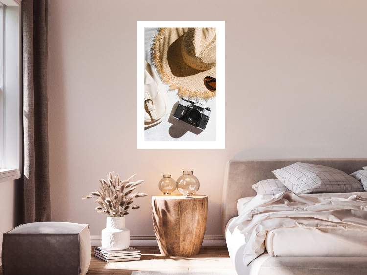 Wall Poster Vacation Vibes - summer table composition with a hat and camera 135595 additionalImage 18