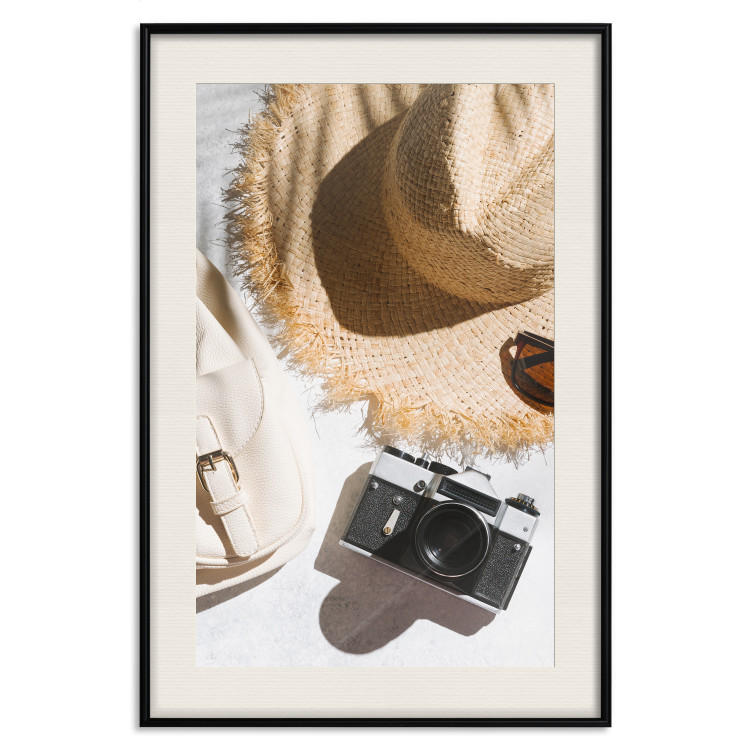 Wall Poster Vacation Vibes - summer table composition with a hat and camera 135595 additionalImage 17