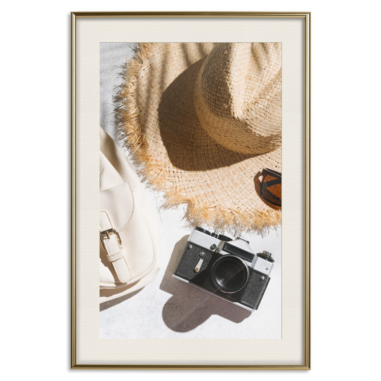Wall Poster Vacation Vibes - summer table composition with a hat and camera 135595 additionalImage 18